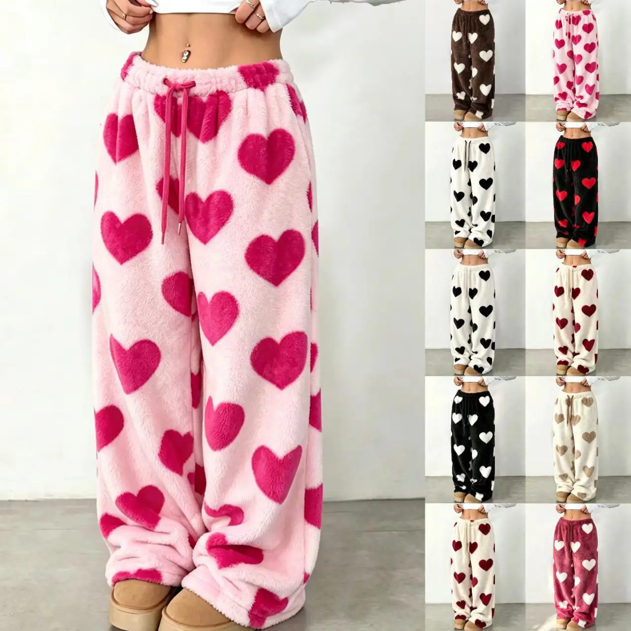 Winter Women Heart Print Fuzzy Wide Leg Pants Drawstring High Waist Fluffy Casual Trousers Warm Loungewear Pajama Pants