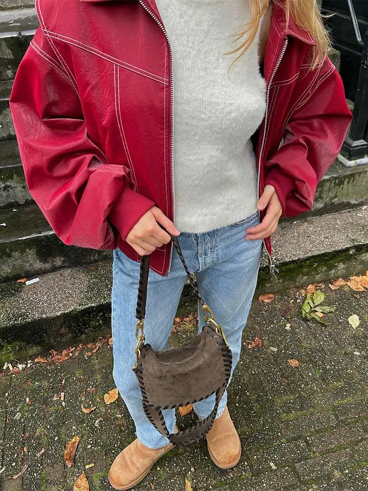 Autumn Cherry Red Leather Jacket For Women Loose Lapel Long Sleeve Raglan Jackets 2024 New Fashion Chic Lady Warm Coat