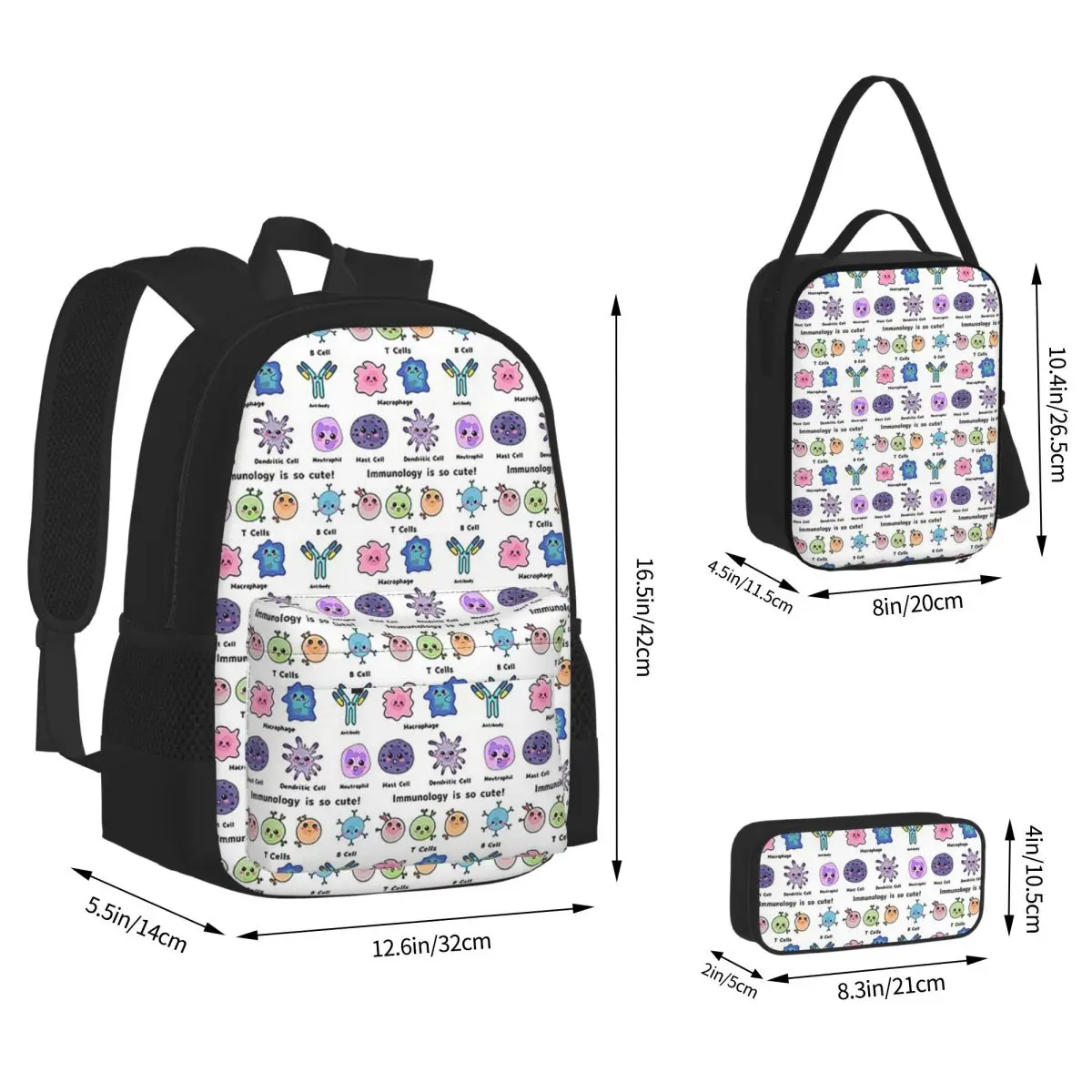 Immunology Is So Cute Version 2 Backpacks Students Bookbag School Bags Kids Rucksack Lunch Bag Pen Bag Three-Piece Set