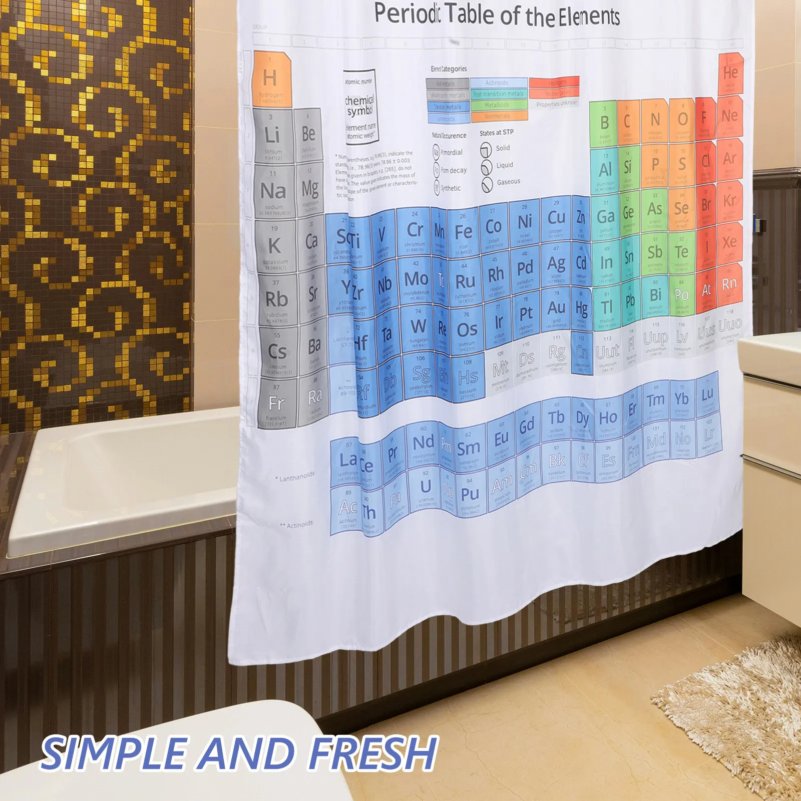 1Set Waterproof Bath Curtain with Periodic Table Print Premium Shower Curtain for Bathroom Decoration and Splash Protection