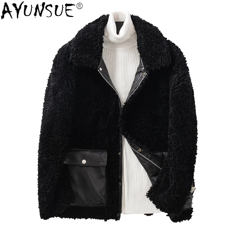 AYUNSUE Winter100% Sheep Shearing Jacket Men Warm Fur Coats Male Short White Wool Coats Men's Streetwear Korean Chaquetas SQQ734