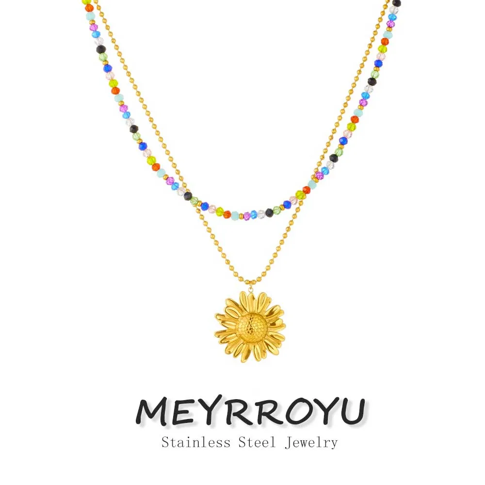 MEYRROYU 316L Stainless Steel Colored Crystal Beads Golden Trend Flower Pendant Double-layer Necklace Lady Neck Chain Jewelry