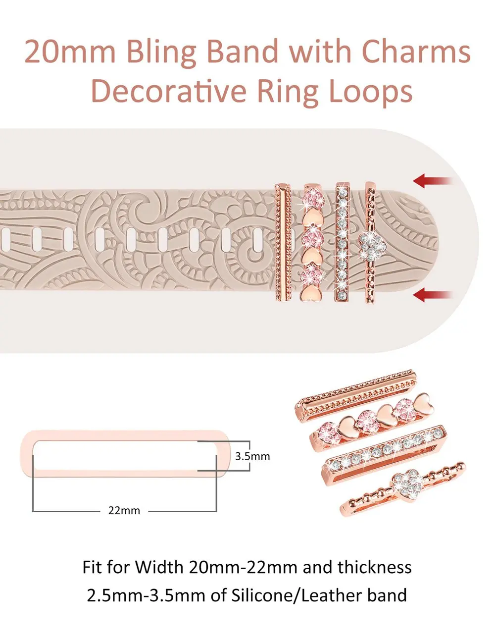 Wearlizer-Bracelet gravé floral avec breloques décoratives pour femme, bracelet en silicone pour Samsung Galaxy Watch 7, 6, 5/4, 40mm, 44mm, 20mm