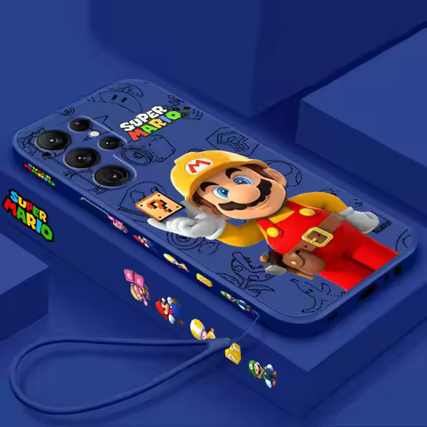 Super M-Mario Cartoon For Samsung Galaxy S25 S24 S23 S22 S21 S20 Ultra Plus FE 5G Liquid Left Rope Cover Phone Case