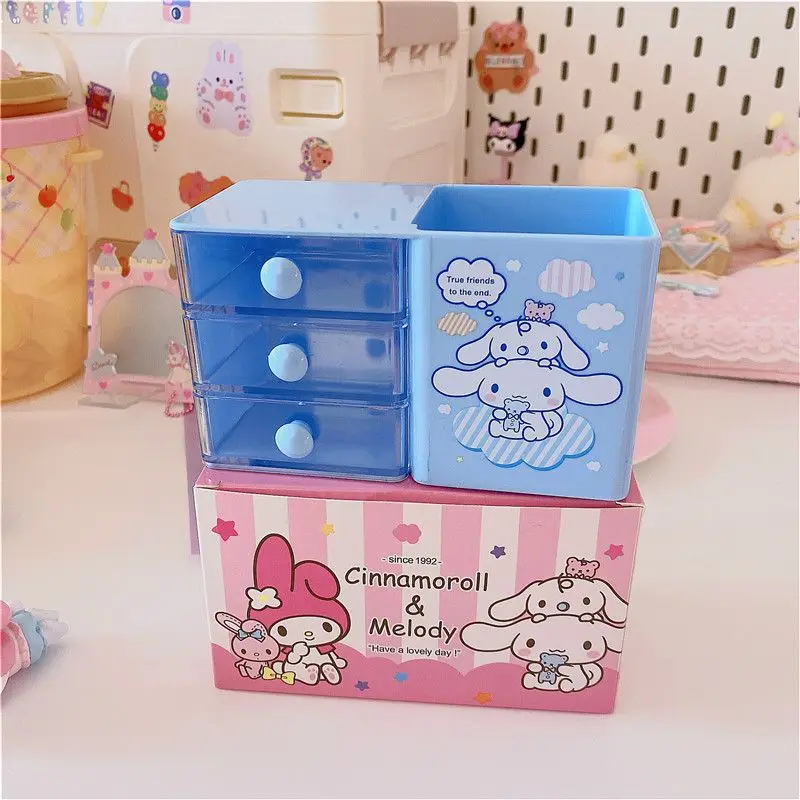 Cute Sanrio Cinnamoroll Drawer Organizer Case Kawaii Melody Desktop Mini Jewelry Box Kuromi Double Layer Organizer Pen Container