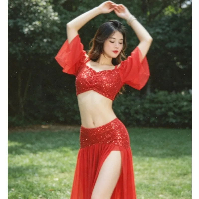 

2025 New Women's Sequined Mesh Halter Belly Dance Outfit Oriental Performance Practice Costume Set
