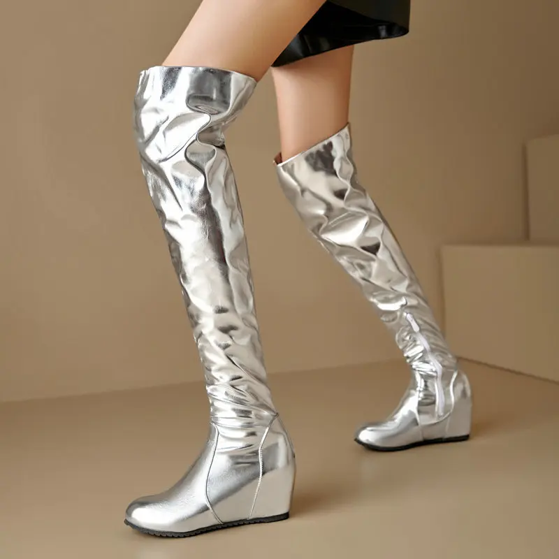 Women Gold Silver Slouch Over The Knee Boots Side Zipper Wedge Heel Patent Leather Stage Performance Tall Thigh High Boots