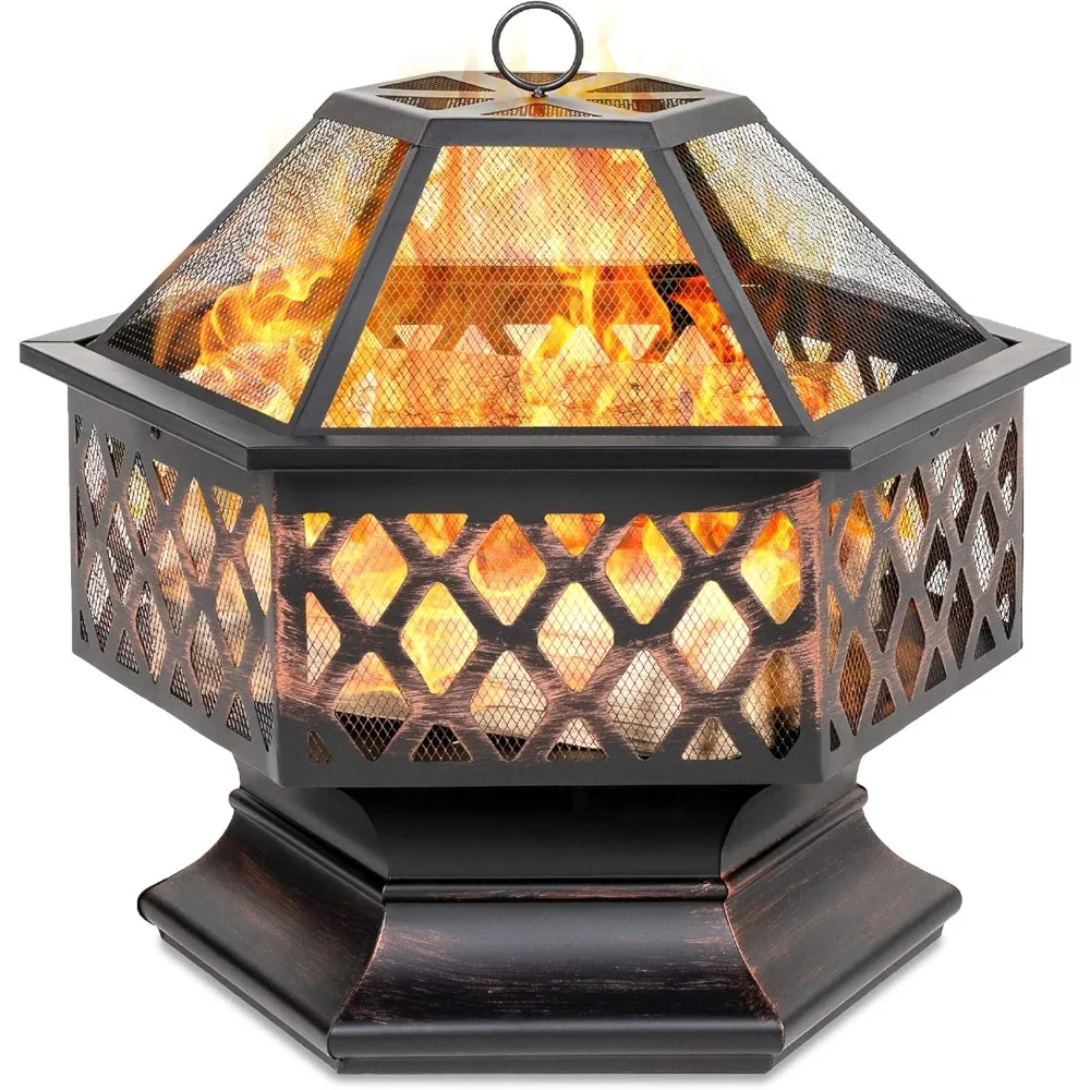 

Hex-Shaped 24in Steel Fire Pit, Black Metal Wood Burning Firepit, Portable Hexagon Fire Bowl for Outside, Patio, Backyard w/Fla