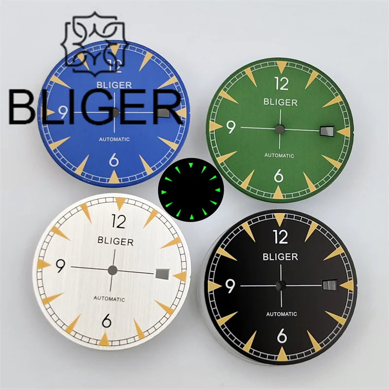 BLIGER 33.2mm NH35 Watch Dial Black Green Blue White Dial With Orange Time Marks Green Luminous For  Men's Automatic Watch Parts