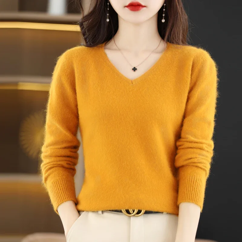 Women's Flat V-neck Mink Cashmere Sweater New Autumn/winter 2023 Knitted Loose Pullover Commuter Basic Knit Top