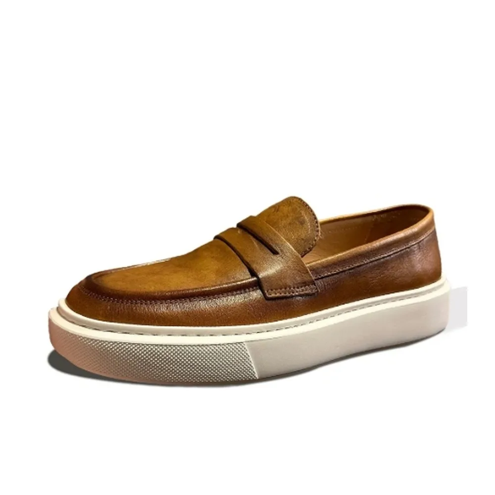 Men's Vintage Burnished Leather Penny Loafers, Slip‑On Thick White Sole Casual Platform Shoes