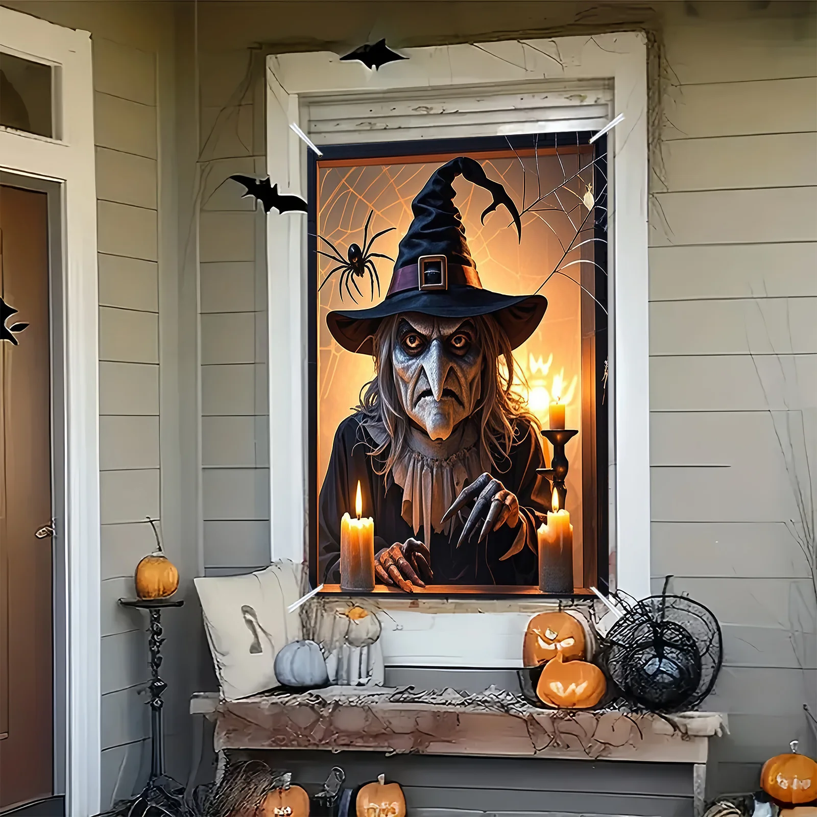 قطعة واحدة من لافتة نافذة ساحرة الهالوين - تصميم ساحرة شبح البوليستر، الشموع والقرع، ديكور حفلات الهالوين