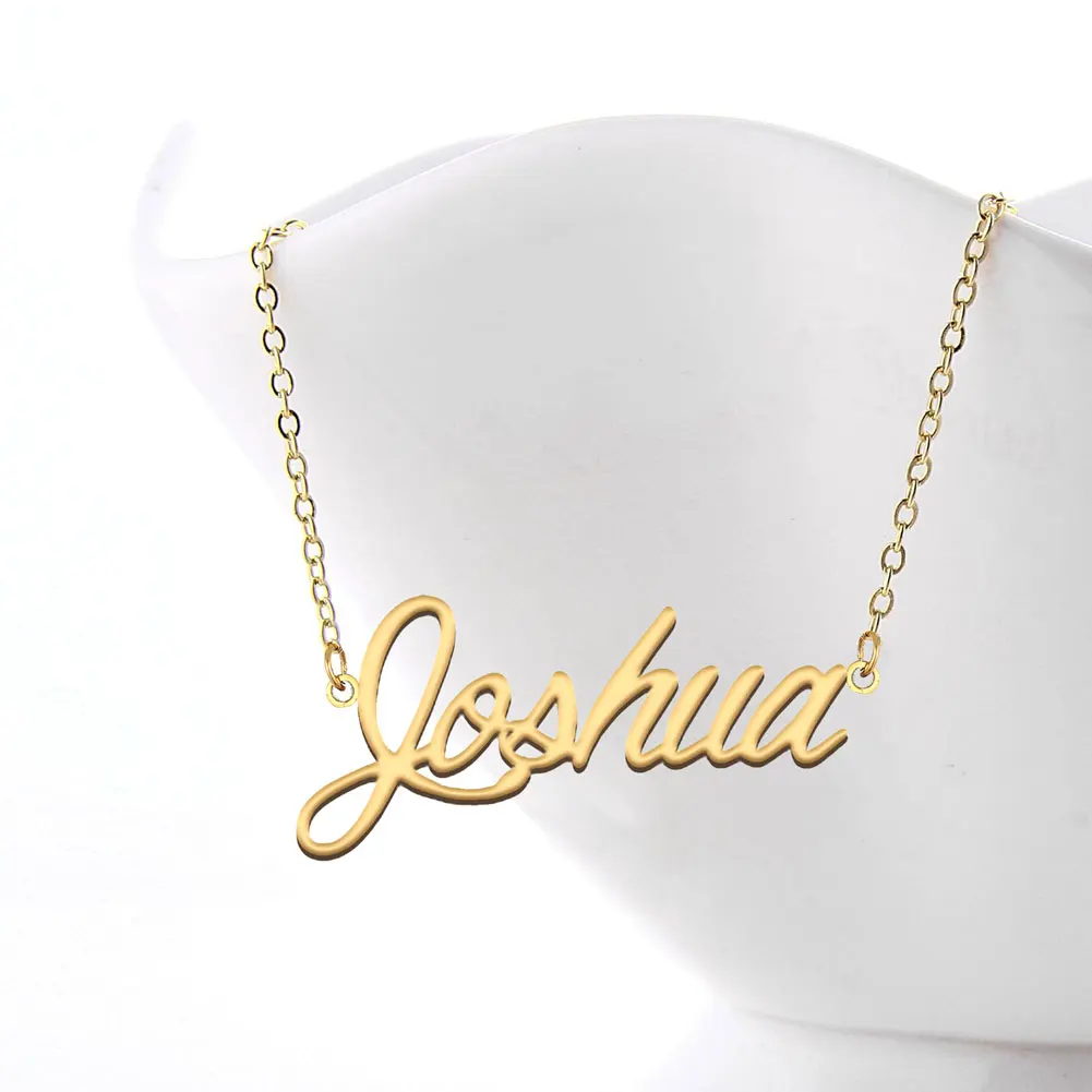 Golden Stainless Steel Carving Joshua Name Necklace for Women, Cursive Letters Nameplate Pendant Jewelry Annivesary Gift