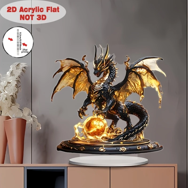 2D Retro Black & Gold Fire Dragon Acrylic Decorative Piece Versatile Home Use Boys Tabletop Decor Ideal for Boys Home Decor