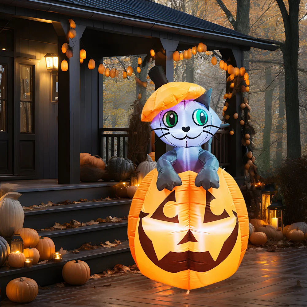 5 FT Halloween Inflatables Outdoor Decorations Inflatable Halloween Decor Outdoor Blow Up Pumpkin for Yard Animated Blow Up Cat On Pumpkin with LEDs for Outside Decor