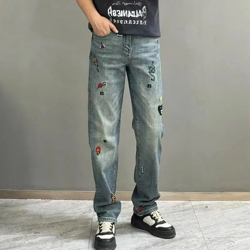 Ropa de lujo para hombre, pantalones informales rectos bordados de gama alta, holgados y versátiles, bonitos, nueva moda 2025, 2025