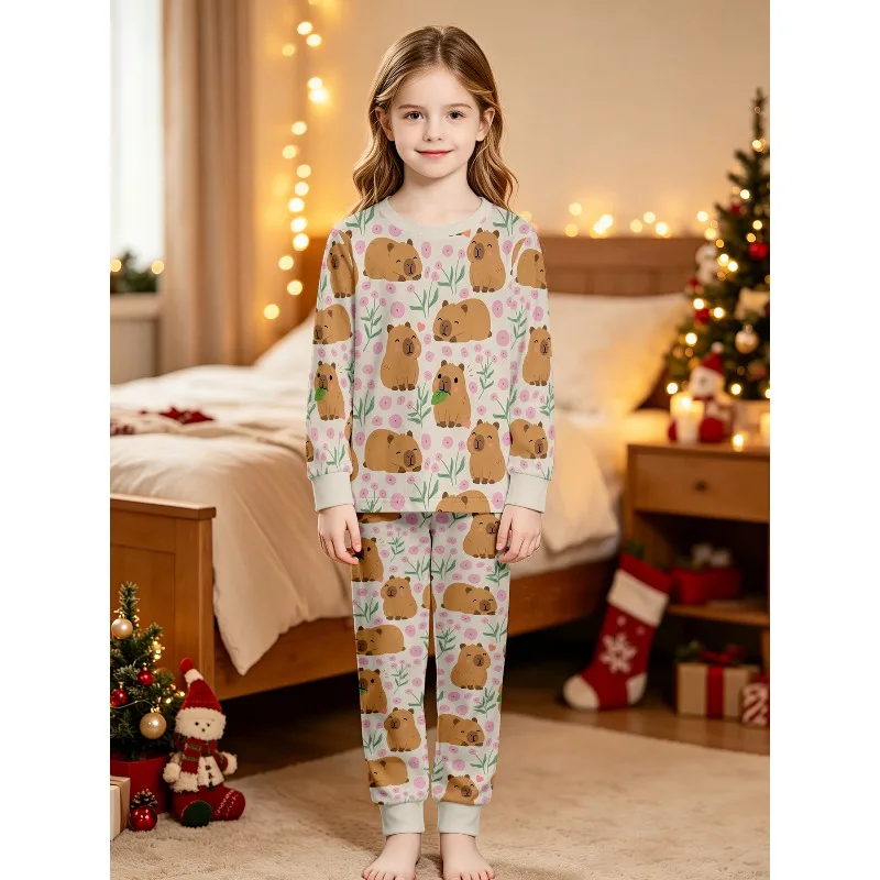Girls Long Sleeve Crew Neck Pajama Set, Assorted Capybara Halloween Highland Cow MJ Prints, Perfect Birthday Xmas Gift