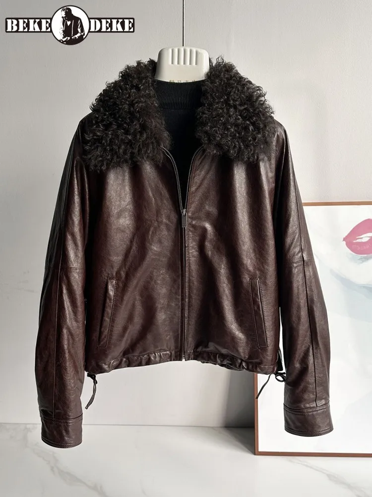 Vintage femmes veste en cuir véritable col en laine chaud vêtements d'extérieur décontractés coupe ample fermeture éclair Streetwear hiver huile cire manteau en peau de mouton