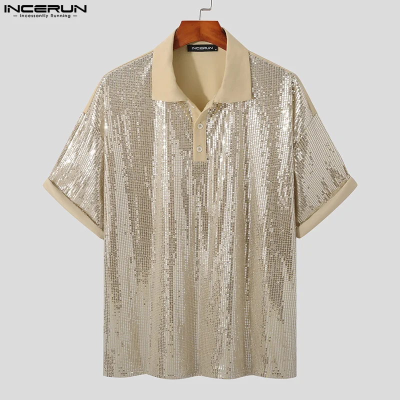 INCERUN Men Shirt Shiny Lapel Short Sleeve Patchwork Streetwear Fashion Men Clothing 2026 Loose Sequins Sparkling Party Shirts