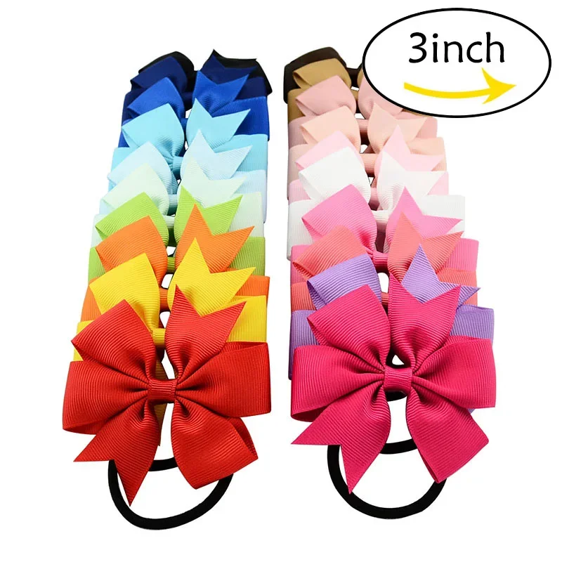 20pcs/set 3'' Solid Grosgrain Ribbon Bows Elastic Hair Tie Rope for Baby Girls Sweet Hair Band Bows with Kids Hair Accessories