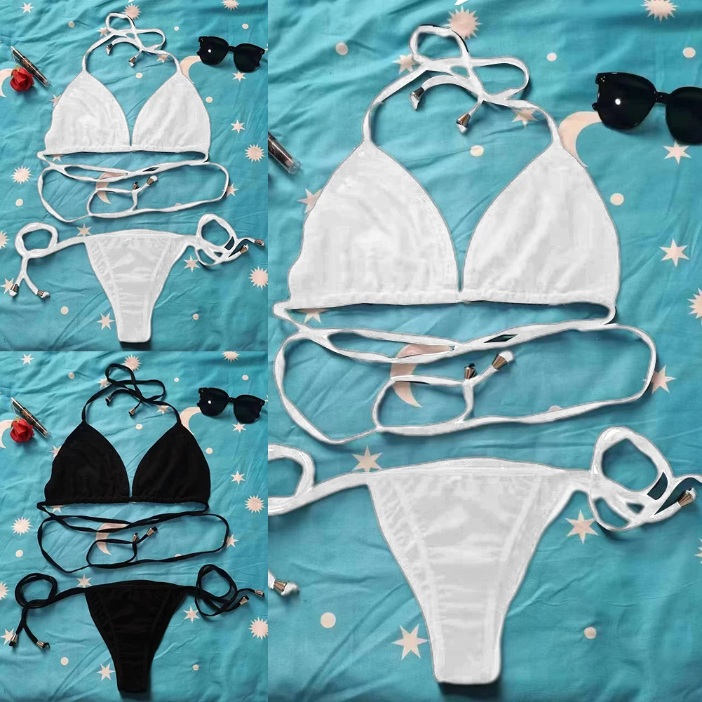 Microporous pakaian renang Bikini musim panas wanita seksi tembus pandang setelan baju pantai bersirkulasi belahan tinggi