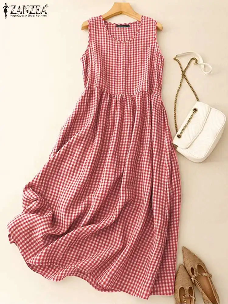 ZANZEA Summer Plaid Checked Sundress Bohemain Holiday Dresses Women Elegant O Neck Sleeveless Dress Casual Baggy Work Vestidos