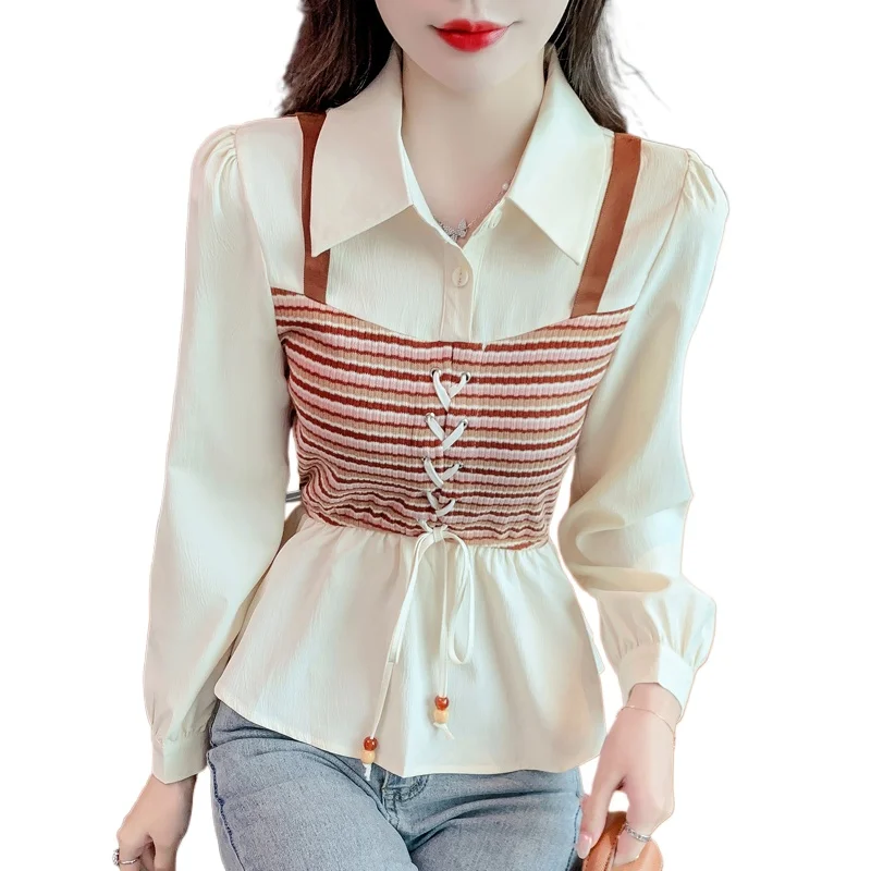 

Женская рубашка с длинным рукавом во французском стиле, осенняя искусственная короткая блузка из двух частей с рюшами по подолу