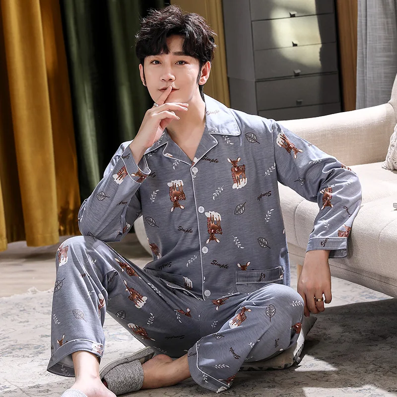 Big Size Men\'s Pajamas Fall and Winter Sika Deer Motif Long-Sleeved Long Pants Casual Home Wear Sleepwear 2 Piece Set Loungewear