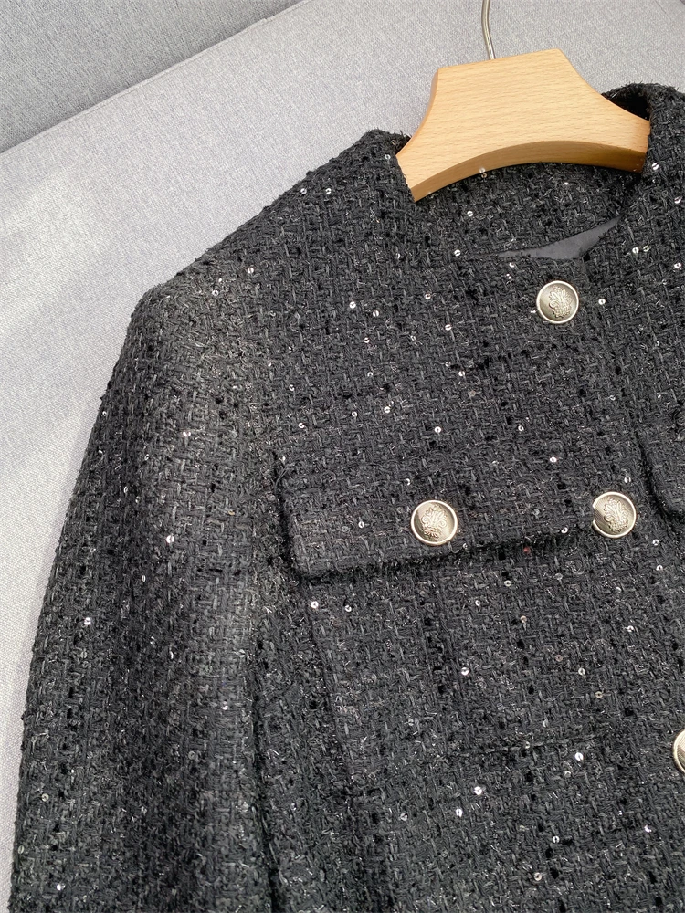 Women's Tweed Sequin Jacket, Buttons Fastening, Lace Up, O-Neck, Pocket, High Street, Chic, Stunning, Elegant, Design, Stylish M