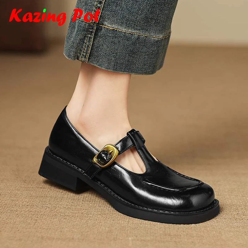

Krazing Pot New Microfiber Round Toe Chunky Heels Spring Autumn Metal Buckle Plus Size 43 Vintage Design Women Cozy Oxford Shoes