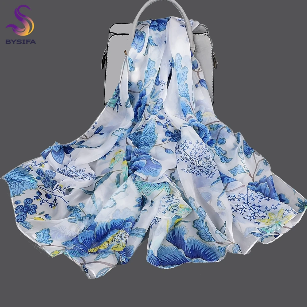 BYSIFA|New Ink Blue 100% Silk Shawl Scarf Fashion Floral Design Chiffon Long Silk Scarves Summer Beach Shawl Winter Brand Scarf