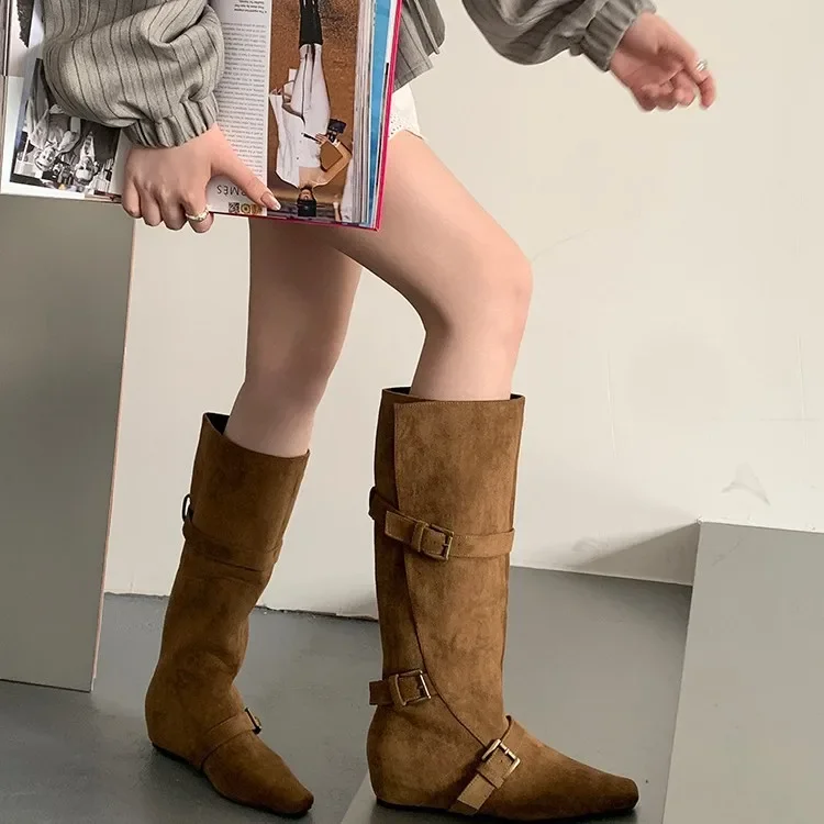 Solid High Heel Boots For Women Ladies Fashion Solid Suede Belt Open Toe Thigh High Boots For Women Raised Slope And Long Boot