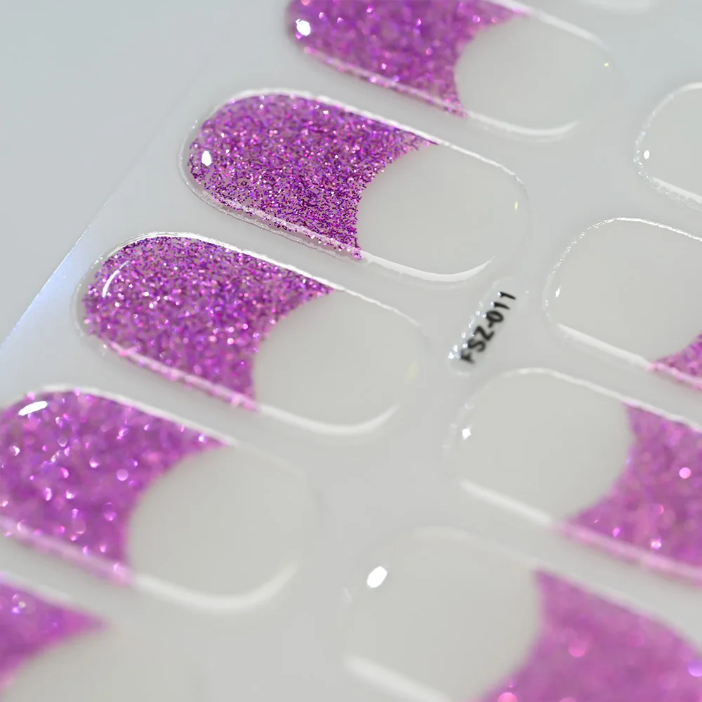 16Tips French Glitter Foil Gel Nail Wraps Siver/Purple Shinying French UV Gel Nail Wraps Semi-Cured Long-Lasting Glitter Slider