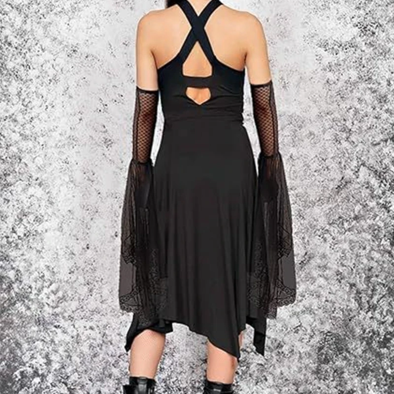 652F Black White Gothic Gloves With Detachable Lace Sleeves Durable Polyester Material Halloween Stage Performances