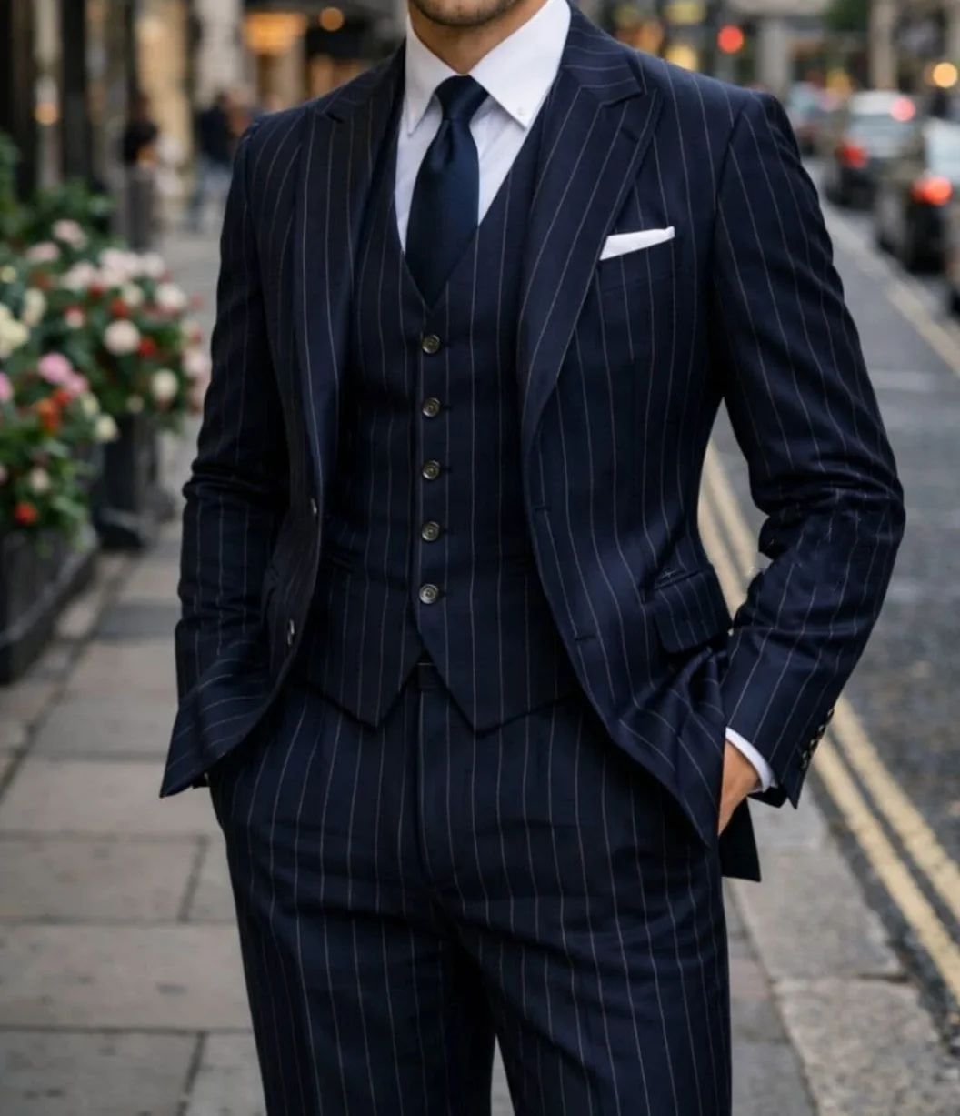 3 Pieces Men Navy Vertical Pinstripe Suits Business Workwear Coat Peak Lapel Jacket Business Wedding Gentleman Formal Customized