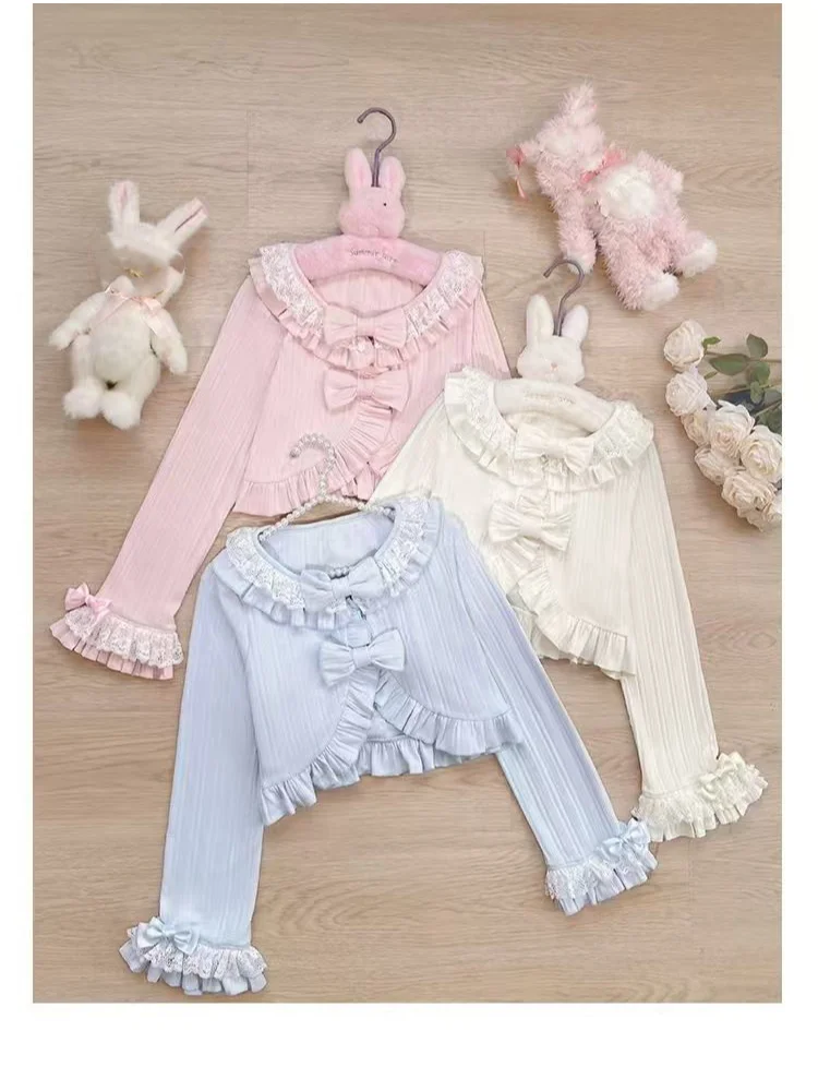 

Japanese Kawaii Lolita Style Knitted Cardigan Women Cute Y2k Lace Ruffles Long Sleeve Bow Crop Coats Girls Sweet Princess Tops