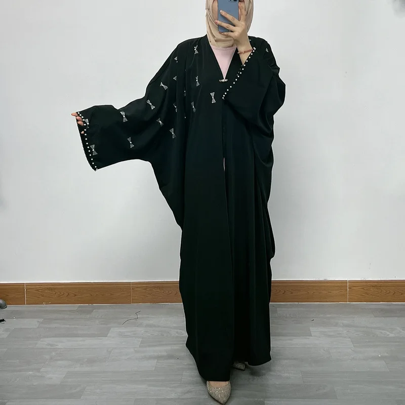 

Jalabiya for Women Bat Sleeve Middle East Dubai Rhinestone Nail Pearl Loose Plus Size Cardigan Robe Abaya Femme Musulman