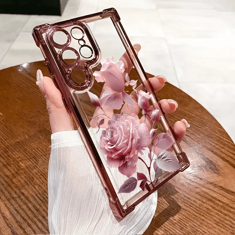 Pink Rose Blossom Phone Case for Samsung Galaxy S26 S25 S24 S23 S21 S20 FE/PLUS/ULTRA Shockproof Transparent Soft Back Cover
