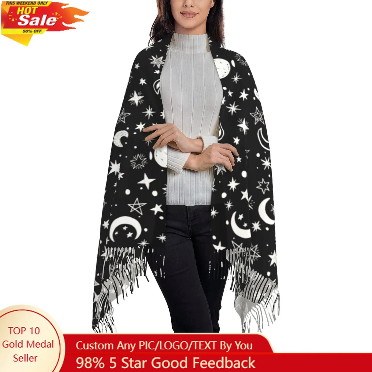 

Black White Moon and Star Pattern Scarf Long Shawl Wraps Pashmina for Women Girls with Tassels Soft Warm Cozy