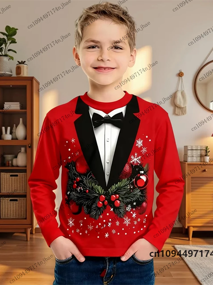 2026 Funny Christmas Suit Tie 3D Print Children's Long Sleeve T-shirt Autumn Casual Pullover Boys Clothes Sports Kids/Adult Tops