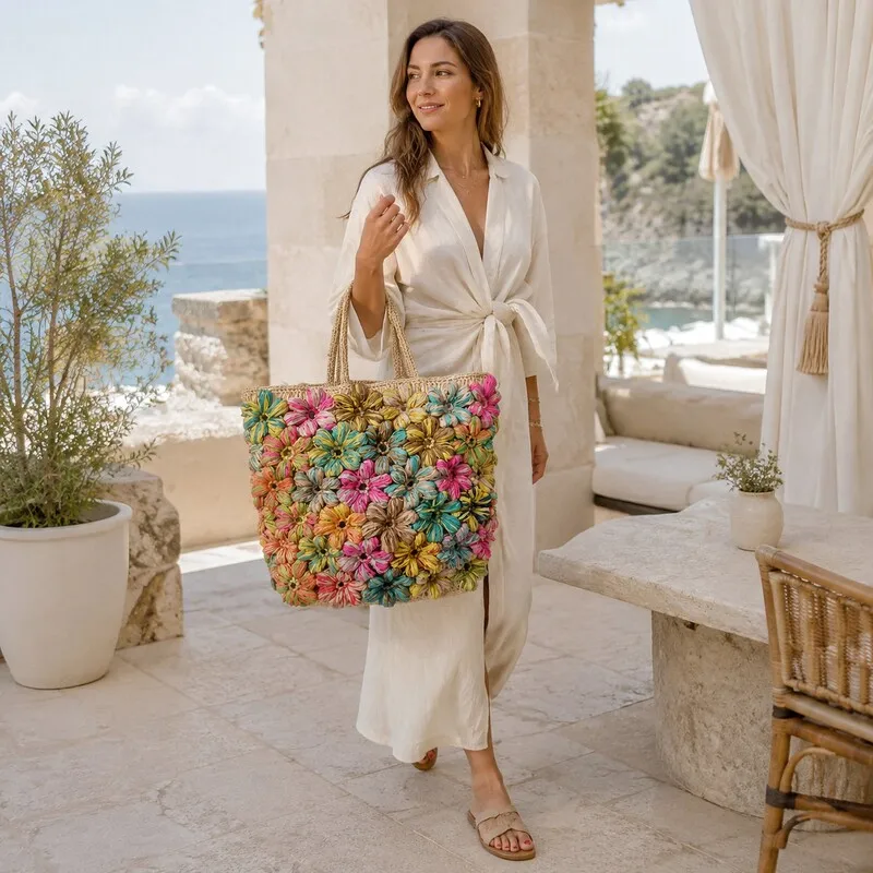 Women Handmade Raffia Tote Bag Color Block Puff Flower Woven Straw Handbag Summer Beach Vacation Bag