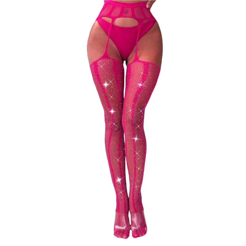 

Sexy Stripe Solid Pantyhose Hot Pink Shiny Tights Women's High Waist Tights Fishnet Stockings Rhinestone Club Party Wear Hosiery