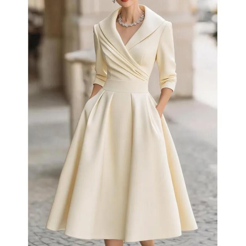 Robe d'invité de mariage élégante à la mode pour femmes, couleur unie, taille fine, revers, ligne a, robe de soirée, robes mi-longues pour Cocktail, 2025
