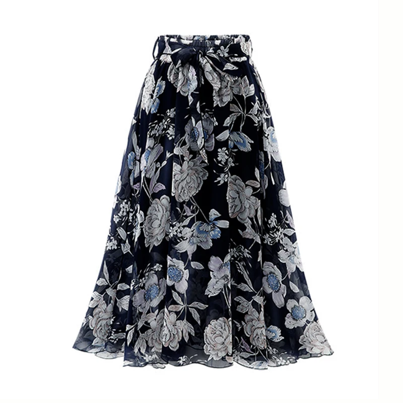 2024 Summer Print Floral Skirts For Women Casual Loose Elastic Waist Plus Size Skirt Belt A-line Chiffon Beach Saias Midi Femme