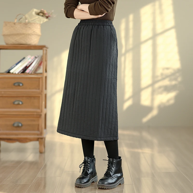 Warmer Baumwoll-F-Rock mit vertikalen Streifen, A-Linien-Midirock, reine Farbe, Winter Faion Pred Line Commute Sle Damen-S...