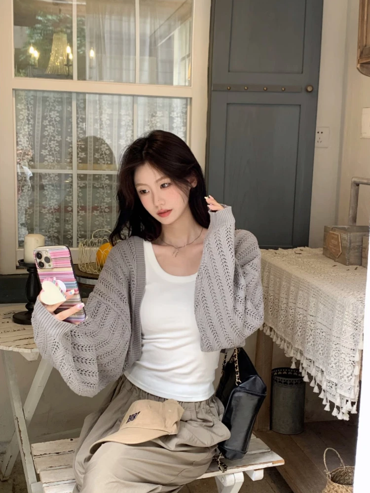 Cardigan Women Hollow Out Baggy Slouchy All-match Korean Style Long Sleeve High Street Fashion Sun-proof Vintage Knitted Spring