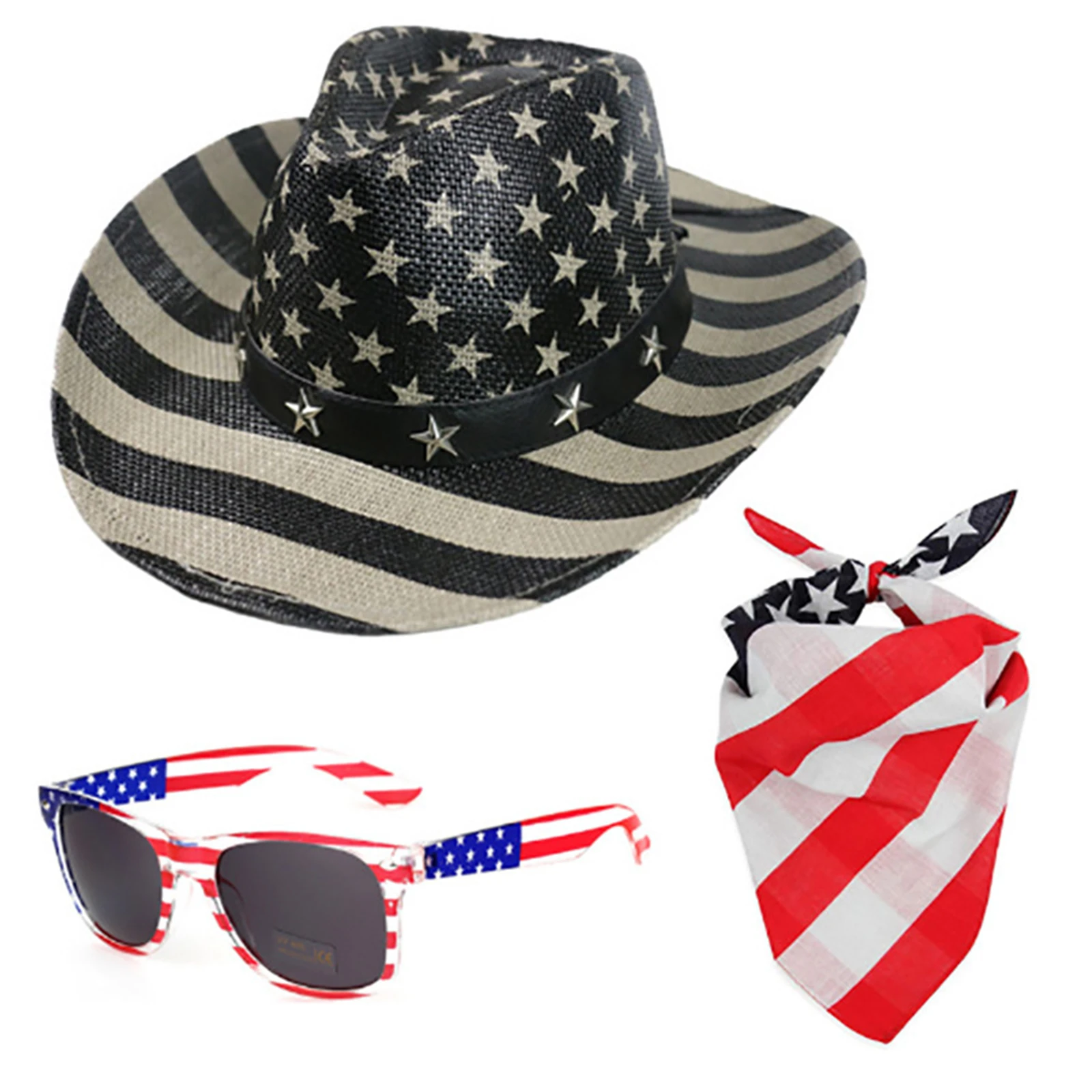 

American Flag Printed Western Cowboy Hat with Glasses Square Scarf 4th Of July Jazz Cowboy Hat Straw Hat Shapeable Wide Brim