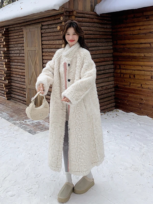 Rosa Doppelseitiger Lammfell-Mantel für Damen, Langer Herbst-Winter-Mantel, Neues Design, Warme Dicke Leder-Pelzjacke