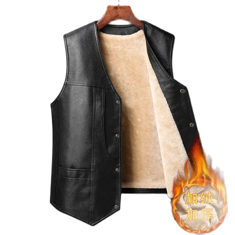

2024 Winter Men Thick Warm Fleece Leather Vest Coat Male V-Neck Single Breasted Vest Casual Male Clothing Outerwear