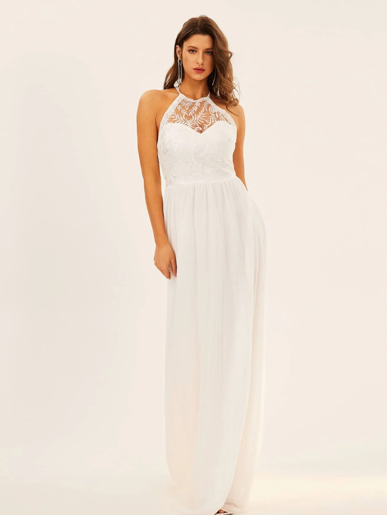 VITRCHP Elegant Straps White Mermaid Wedding Dress Women Lace Chiffon Backless O-Neck Sleeveless Formal Bridesmaid Party Dresses